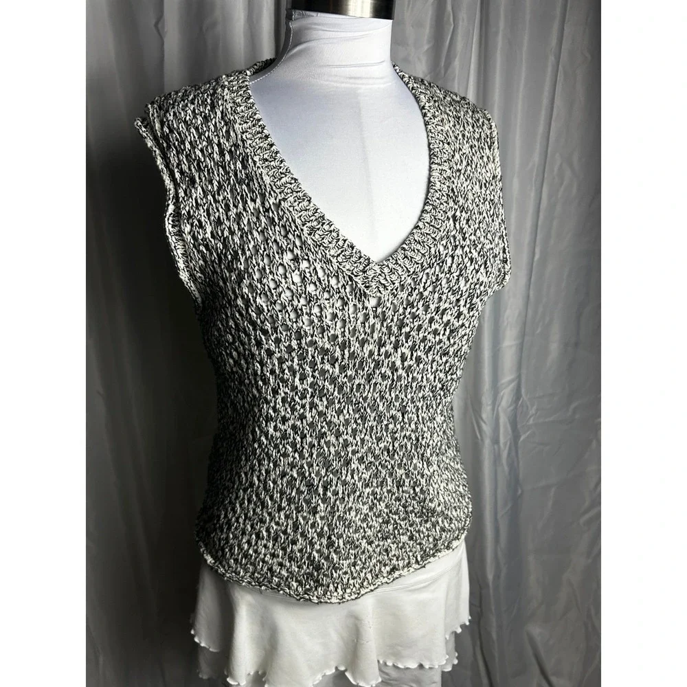 7 For All Mankind Womens Black White Italian Yarn Knit Sweater Vest V-Neck